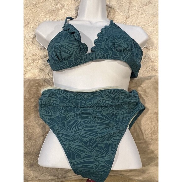 Cupshe Women's Bikini Scalloped Cross Back High Waist Bathing Suit Swimsuit M - Picture 2 of 7